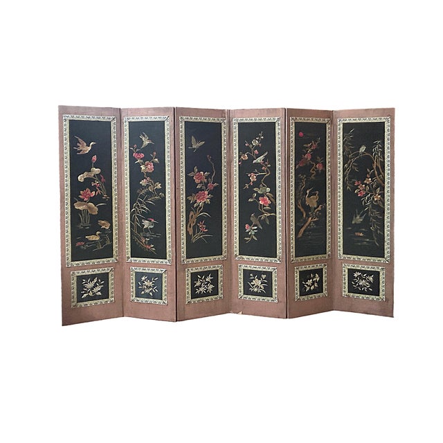 Vintage Black Fabric Flower Birds Table Top Folding Screen Art For Sale - Image 4 of 8