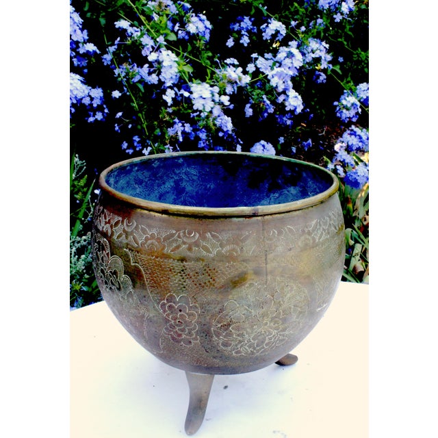 8" Vintage Hand-Chased Brass Cachepot Jardinere – Peony & Chrysanthemum Engravings For Sale - Image 13 of 15