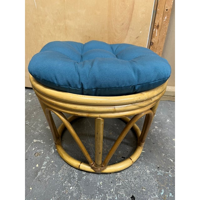 Mid-Century Modern 1970s Vintage Rattan Ottoman With Cushion For Sale - Image 3 of 9