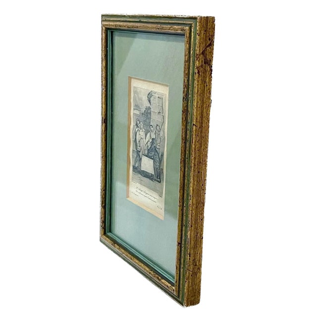 Small antique framed French tax collector scene engraving with gilt wood & painted frame. Marked "Desenne d, L. Goodeis...