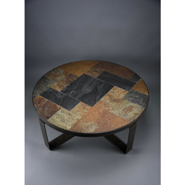Brutalist Round Coffee Table in Norwegian Slate, Concrete and Hammered Brass attributed to Paul Kingma, Netherlands, 1970s For Sale - Image 12 of 14