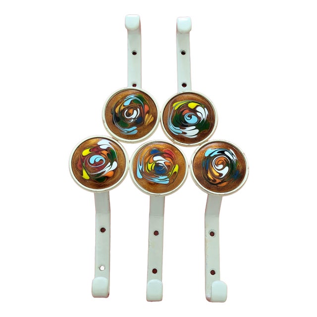 Modernist Enamel Swirl Wall Hooks, 1960s, Set of 5 For Sale