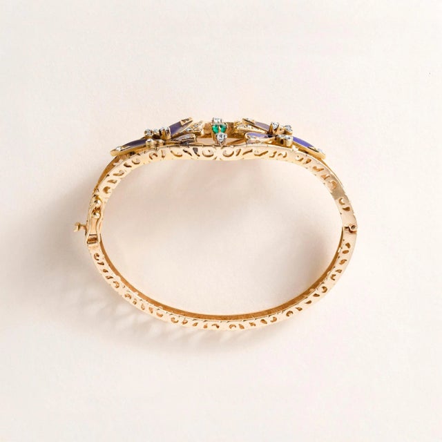 Mid 20th Century Vintage 14k Gold Emerald, Antique Cut Diamond and Cobalt Blue Enamel Bangle For Sale - Image 5 of 6