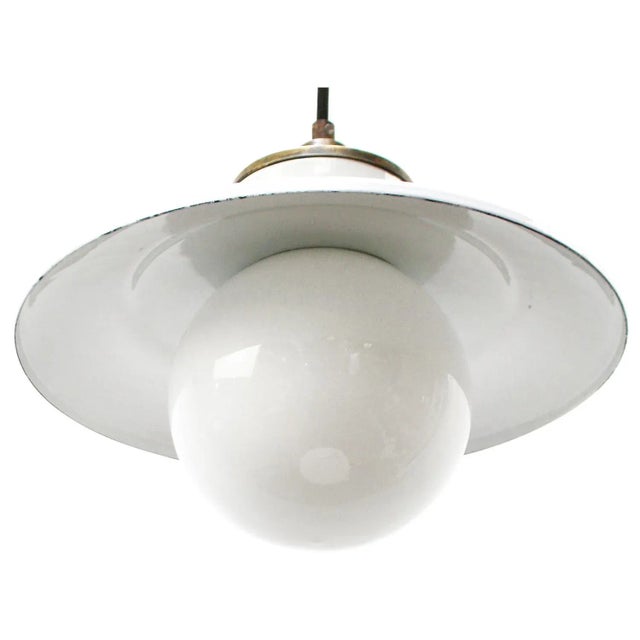 Vintage White Enamel, Opaline Glass, Porcelain & Brass Pendant Lamp For Sale - Image 4 of 8