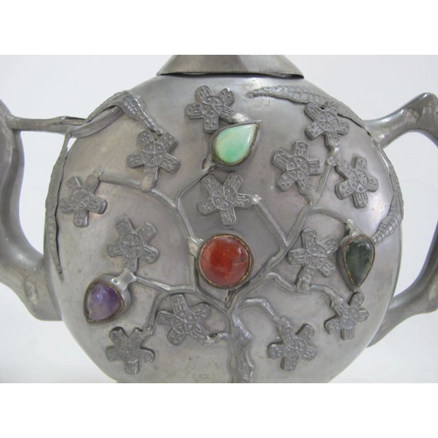 Ornate Chinese Pewter Teapot With Raised Gemstone Flowers & Serpentine Spout For Sale - Image 4 of 10