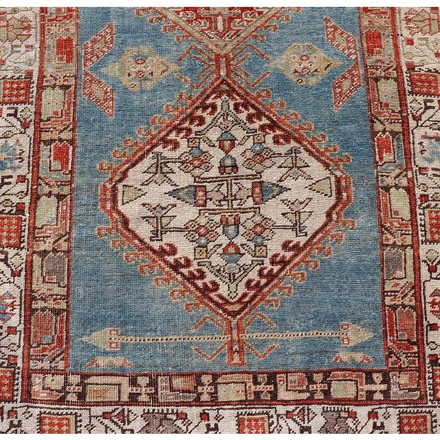 Sky Blue Antique Hand-Knotted Sarab Runner With Sub-Geometric Design in Red, Blue & Ivory 3'2"x10'2" For Sale - Image 8 of 12