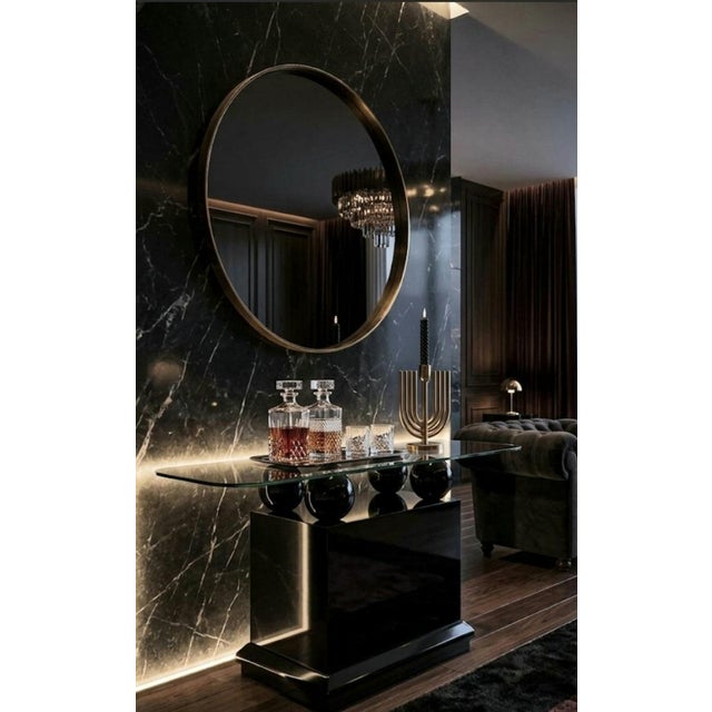 Vintage Post Modern Black Lacquer Sphere Glass Top Karl Springer Style Console Table For Sale - Image 9 of 11