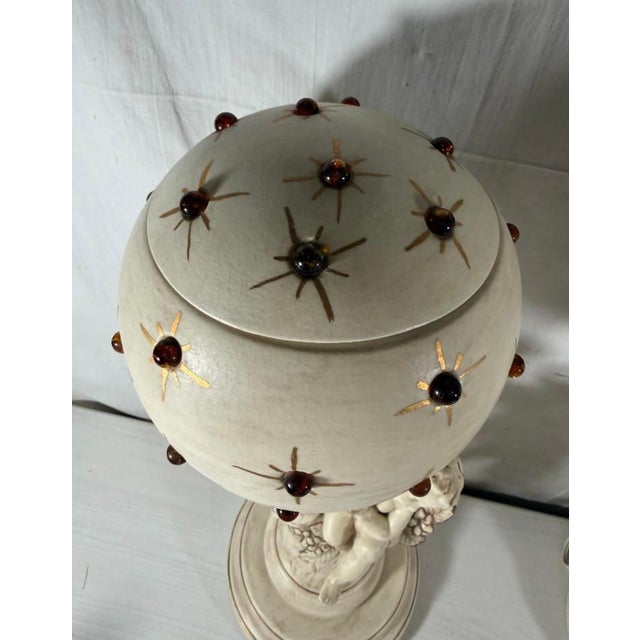 Vintage Mid-Century Modern Hollywood Regency Ceramic Cherub Sunburst Globe Lamps - A Pair For Sale - Image 9 of 16