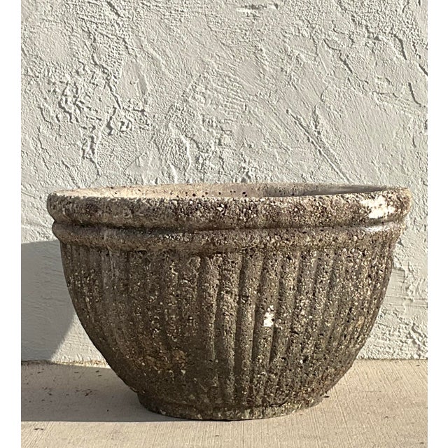 Contemporary Vintage Boho Cast Concrete Ribbed Planter For Sale - Image 3 of 7