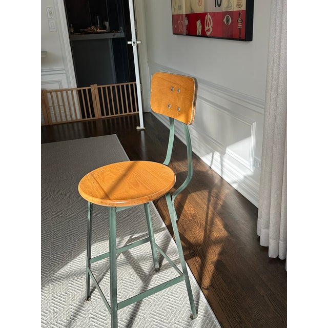 5 Vintage Industrial Counter Height Wood and Steel Stools , a Set For Sale - Image 10 of 10