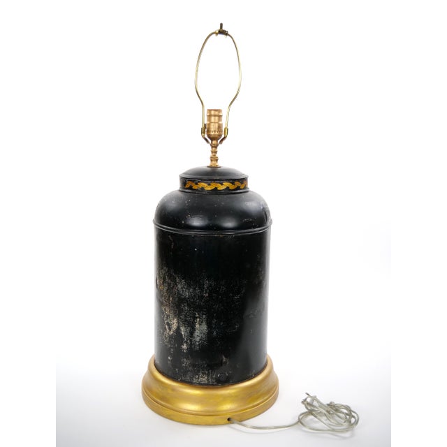 Pair of English Late 19th-Century Black Painted Tole Canister Table Lamps For Sale - Image 10 of 14