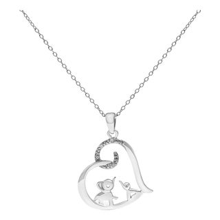 .925 Sterling Silver Double Elephant Diamond Accent Heart Pendant Necklace - Size 18 Inches (J-K Color, I2-I3 Clarity) For Sale