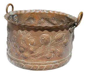 Large Antique Copper Cauldron with Two Handles and Relief Decoration