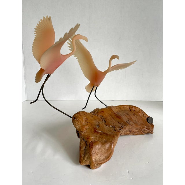 Figurative 1980's John Perry Pink Flamingos Sculpture on Burlwood For Sale - Image 3 of 11