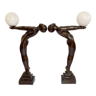1980s Art Deco Lamps Max Le Verrier Reproduction Clarté Lumina in Resin Nudes With Glass Globes - a Pair For Sale
