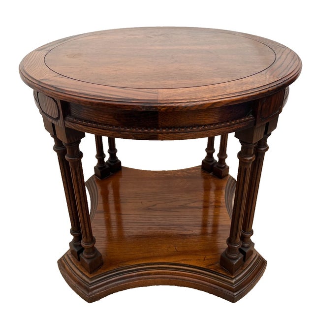 Gorgeous Vintage Round side Table with Bottom Shelf Double column legs Solid Oak. 23" Tall x 26" wide 26" deep. Very Good...