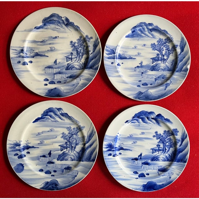 Blue Antique 19th Century Japanese Blue & White Porcelain Plates Decorated in the Chinese Export Canton Style With Harbor Landscapes - a Set of 4 For Sale - Image 8 of 11