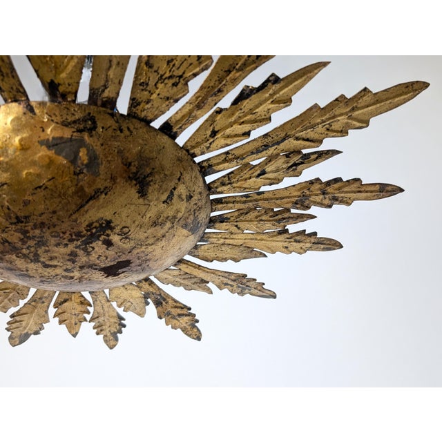 Gold Mid-Century Gilt Metal Sunburst Flush Mount with Leaf Rays, 1950s For Sale - Image 8 of 10