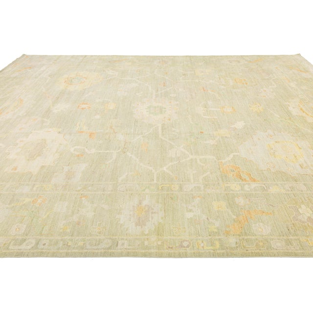 Modern Oushak Style Hand-Knotted Wool Rug Muted Sage & Apricot Floral Design For Sale - Image 11 of 11