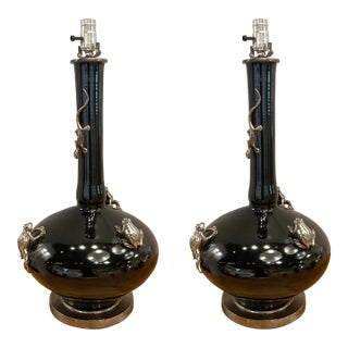 Currey & Company Modern Black Porcelain Silver Frog Table Lamps Pair For Sale