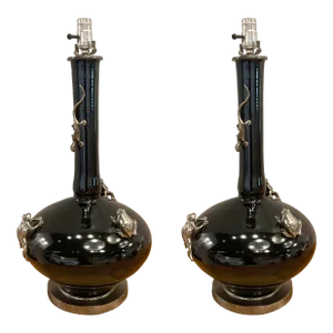 Currey & Company Modern Black Porcelain Silver Frog Table Lamps Pair
