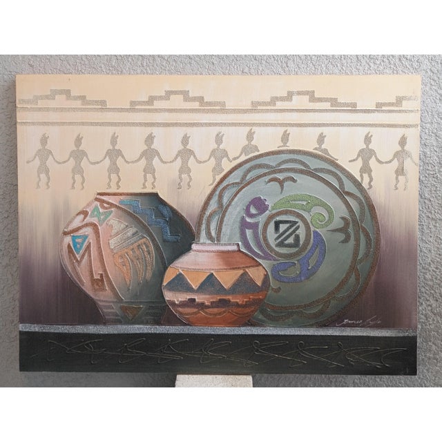 Paper 1990s Large Contemporary James Eagle Southwestern Pottery Mixed Media Painting For Sale - Image 7 of 12