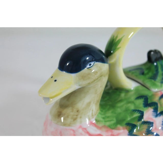 Colorful vintage ceramic duck shaped tea pot. No makers mark. One small unseen chip on the inside of the lid. Pictured....