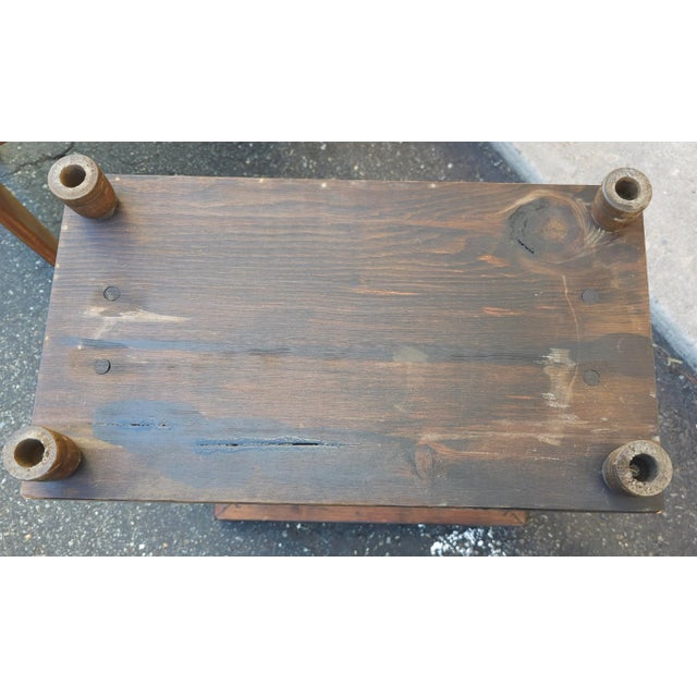 Pair Mid-Century Old Tavern Style Antiqued Pine Two-Tier Side Tables With Decorative Ceramics Inserts For Sale - Image 11 of 11
