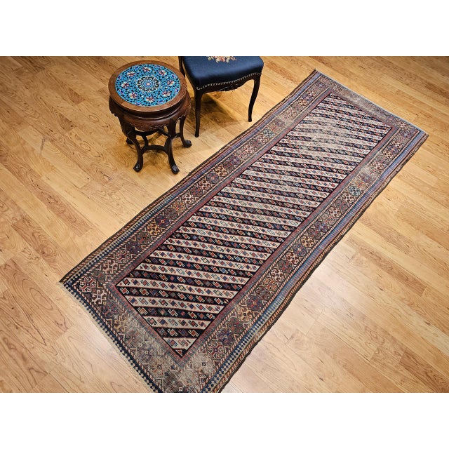 Navy Blue Antique Gendje Kazak Runner, Hand-Knotted Wool Pile, Caucasus, 1800s, 4' x 9' For Sale - Image 8 of 18