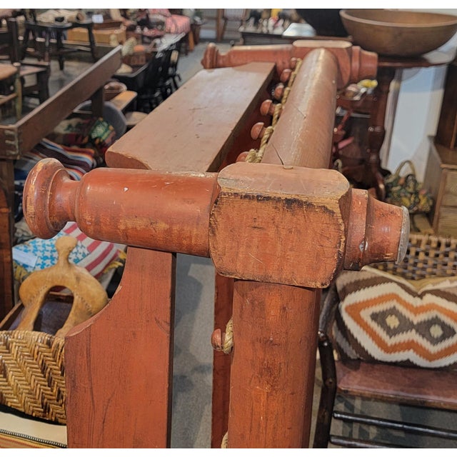 19th C Original Salmon Painted Trendle Bed W/ Rag Rug Cushion For Sale In Los Angeles - Image 6 of 9
