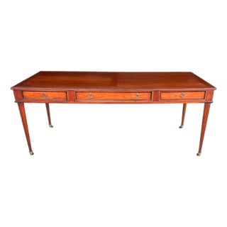 1950s Sheraton Mahogany Desk – Restored With Brass Pulls & Caster Wheels For Sale