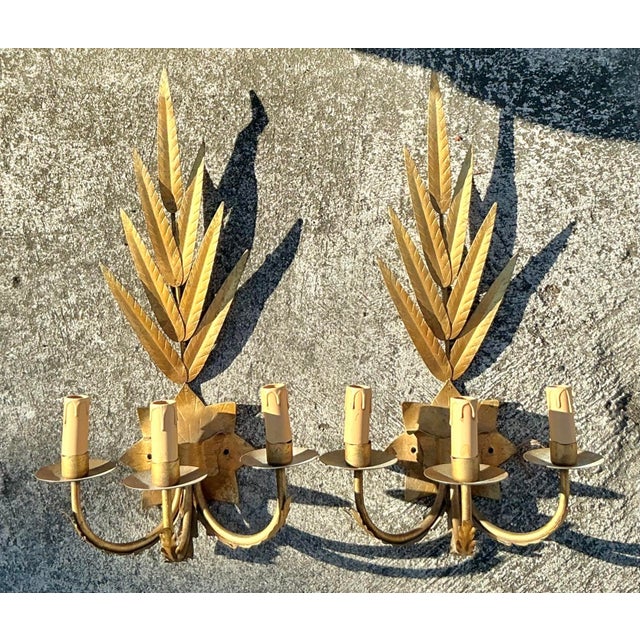 Gold Vintage Regency Gilt Leaf Sconce - A Pair For Sale - Image 8 of 18