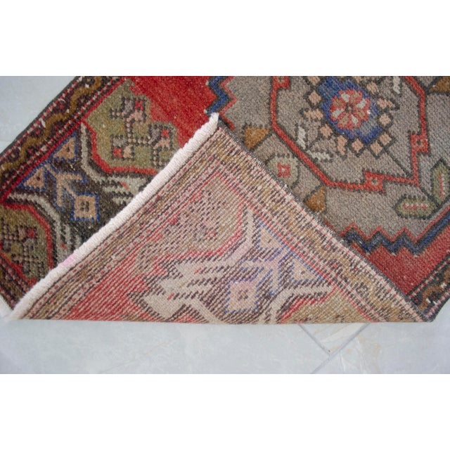 Terra Cotta Distressed Low Pile Turkish Yastik Petite Rug Hand Knotted Faded Mat - 20'' X 39'' For Sale - Image 8 of 13