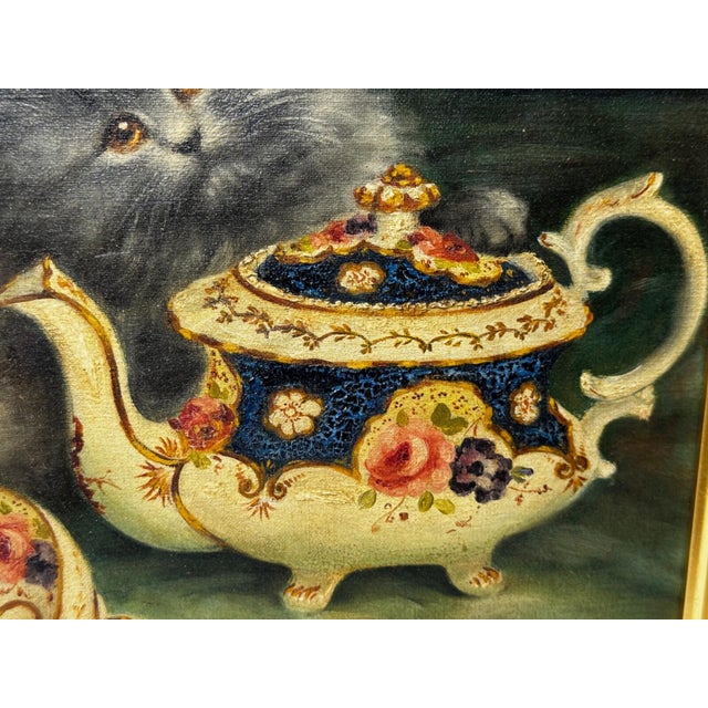 British Persian Cat Oil Painting by Agnes Augusta Talboys Rwa With Decorative Tea Service For Sale - Image 17 of 18