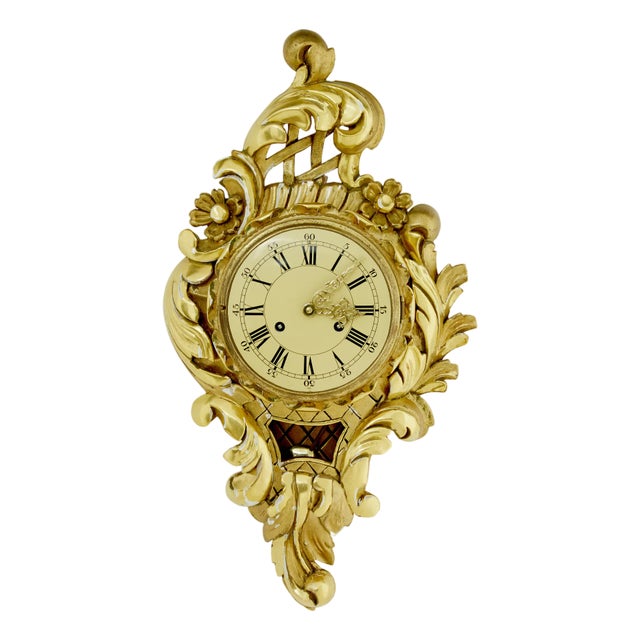 Mid-Century Swedish Rococo Revival Carved Gilt Wall Clock, 1950s For Sale