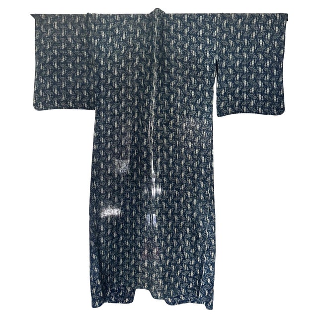 Blue Japanese Woven Ikat and Stenciled Summer Usumono Kimono Meiji Period For Sale - Image 8 of 9