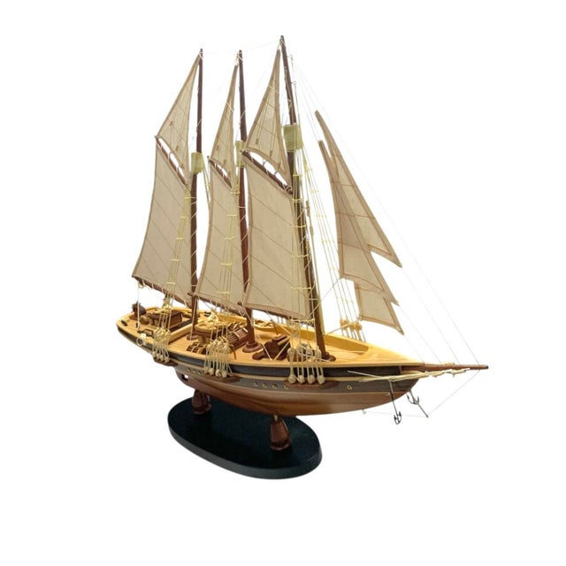 Late 20th Century Ship Model Wooden Sailboat Nautical Coastal Theme Vintage Office Decor For Sale - Image 4 of 6