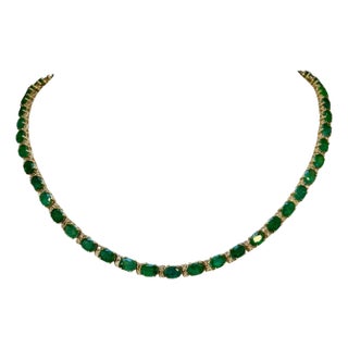 40 Carat Oval Brazilian Emerald & 3 Carat Diamond Tennis Necklace 14 Karat Gold For Sale