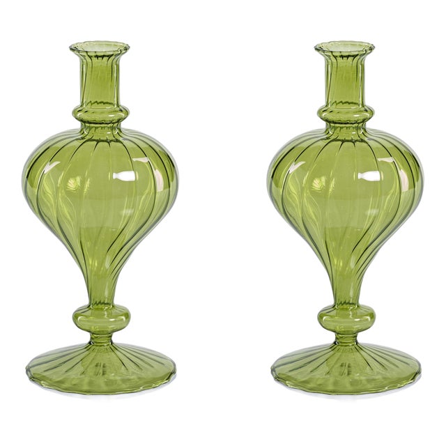 Vellum 2-Piece Set Small Green Spiral Glass Vases, Turnip Shape For Sale