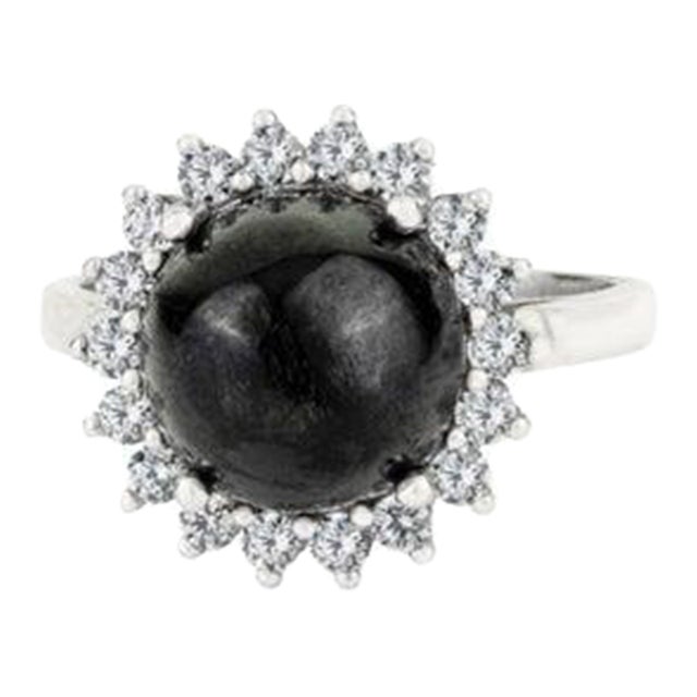 Vintage Inspired Natural Black Star & Zircon Halo Cocktail Ring Size 6.5 For Sale