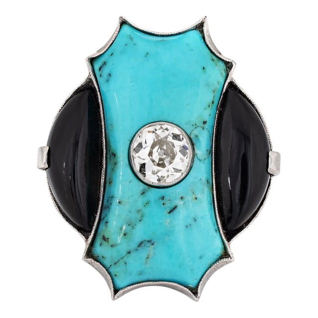 Early 20th Century Vintage Art Deco Ring Diamond Turquoise Onyx Platinum Cocktail size 7.75 For Sale