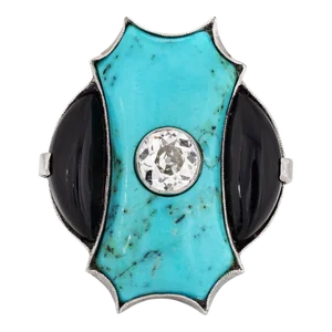 Early 20th Century Vintage Art Deco Ring Diamond Turquoise Onyx Platinum Cocktail size 7.75