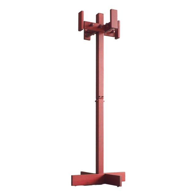 Vintage Red Stained Pine Wood Coat Hanger, 1970s For Sale
