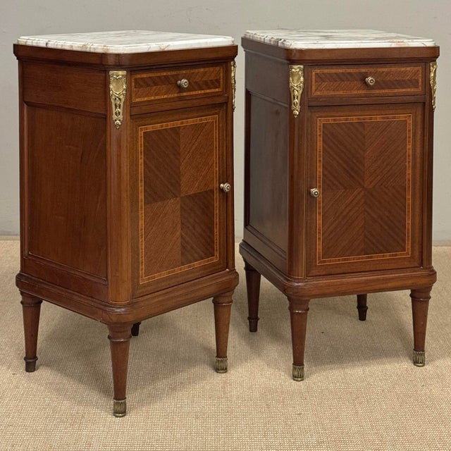 French Pair of Antique French Louis XVI Marquetry Marble Top Nightstands ~ End Tables For Sale - Image 3 of 18