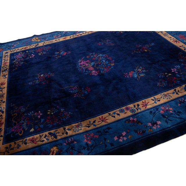 Antique Peking Handmade Chinese Blue Wool Rug With Traditional Floral Motif For Sale In New York - Image 6 of 8