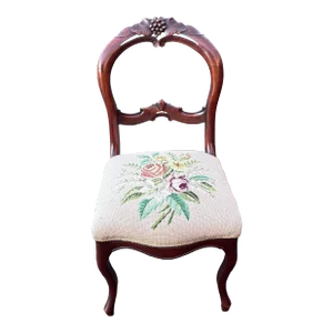Late 19th Century Victorian Carved Walnut Wood Side Chair With Floral Needlepoint Seat