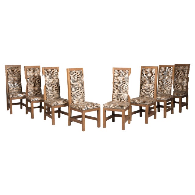 Art Deco Oak & Velvet Dining Chairs, 1930s, Set of 8 For Sale