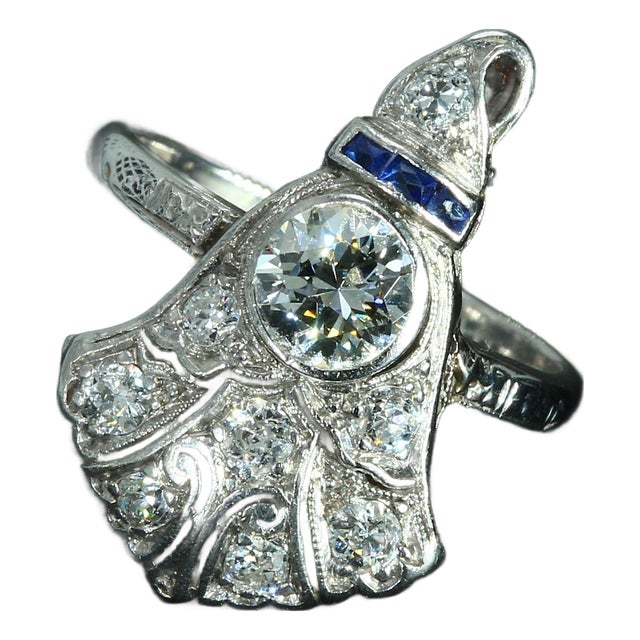 Vintage 14k White Gold Art Deco Ring With Diamond & Blue Sapphire - Size 3.25 For Sale