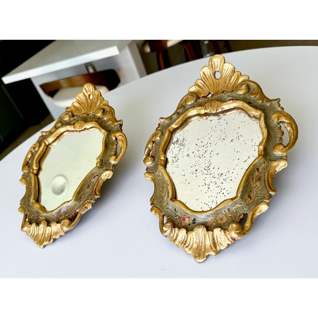 Wood Pair Italian Venetian Painted Gilt Wood Wall Mirror, 1960s For Sale - Image 7 of 16