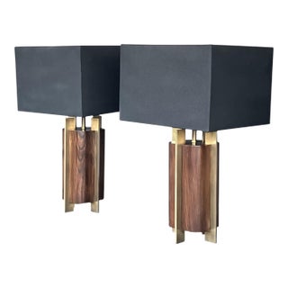 1960s Sculptural Mid-Century Modern Table Lamps in Wood & Brass - a Pair For Sale